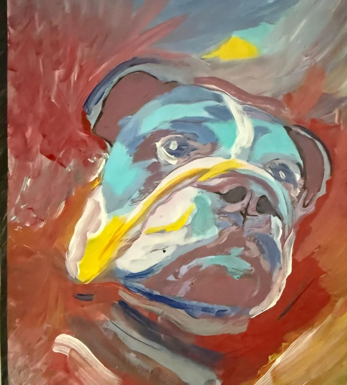 Pop-Art-Porträt eines Mopses in Blau, Rot und Gelb
